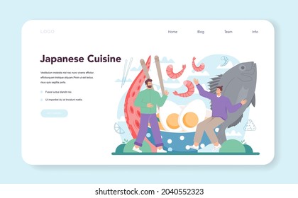 Sushi chef web banner or landing page. Restaurant chef cooking rolls and sushi. Professional worker on the kitchen. Sea food japanese cousine. Flat vector illustration