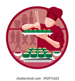 Sushi chef at work, making fresh sushi rolls, vector icon 