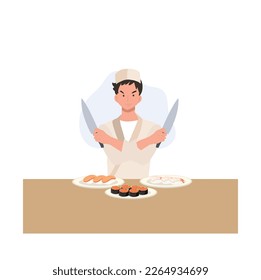 Sushi chef working in a restaurant is cooking Asian restaurant dish. Culinary professional preparing Japanese food, Flat vector illustration.