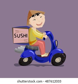 Sushi Or China Food Delivery Concept. Cartoon Character Japanese Boy Riding On Scooter, Delivering Fast Food. Asian Restaurant Service. Vector Illustration Stock Vector.