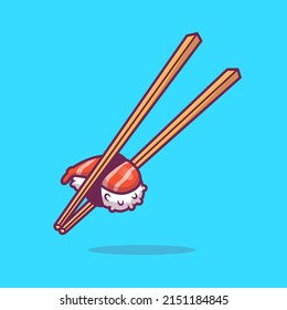 Sushi With Chopstick Cartoon Vector Icon Illustration. Food Object Icon Concept Isolated Premium Vector. Flat Cartoon Style