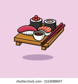 Sushi Con Ilustración Del Icono Del Vector De Dibujo Chopstick. Vector Premium aislado de icono de comida