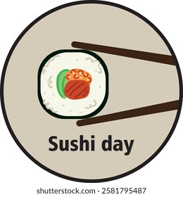 Sushi in chopstick illustration for logo. Japanese restaurant, sushi bar, Asian food theme.