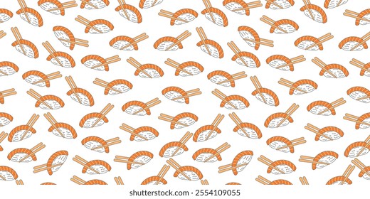 Sushi with chopstick seamless pattern background. Nigiri with raw salmon fish. Japanese food motif wallpaper