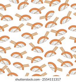 Sushi with chopstick seamless pattern background. Nigiri with raw fish. Japanese food motif wallpaper