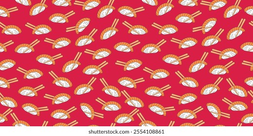 Sushi with chopstick seamless pattern on red background. Nigiri with raw salmon fish. Japanese food motif wallpaper