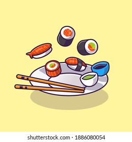 Sushi With Chopstick And Shoyu on Plate Cartoon Vector Icon Illustration. Japanese Food Icon Concept Isolated Premium Vector. Flat Cartoon Style