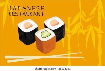Sushi with chopsticks and bamboo pattern