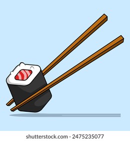Sushi With Chopsticks Cartoon, chopsticks with salmon sushi. Japanese cuisine, traditional food isolated on background, traditional Japanese cuisine. Rice with fish. Delicious restaurant food.
