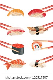 Sushi with chopsticks isolated over white background