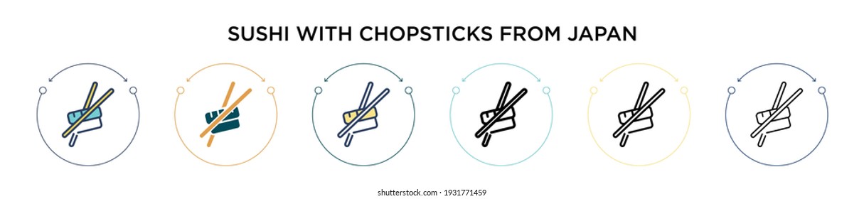 Sushi with chopsticks from japan icon in filled, thin line, outline and stroke style. Vector illustration of two colored and black sushi with chopsticks from japan vector icons designs can be used