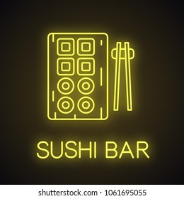 Sushi and chopsticks neon light icon. Sushi bar glowing sign. Vector isolated illustration