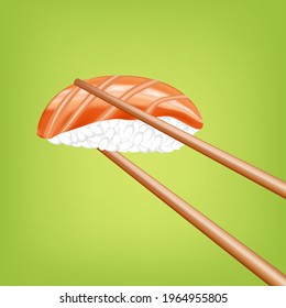 Sushi with chopsticks on the green background