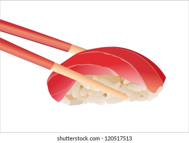 Sushi with chopsticks on a white
