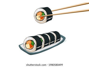 Sushi. Chopsticks pick sushi up from a plate. Close up Japanese food anime drawing. Vector illustration on white background.  