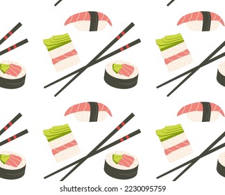 Sushi und Stäbchen. Nahtloses Muster in Vektorgrafik. Asiatische Küche. Japanisches Menü