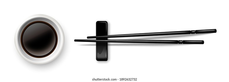 Sushi chopsticks and soy sauce in bowl. Chinese or Japanese cuisine elements for eating vector illustration. Black wooden pair of sticks and plate with soya on white background.