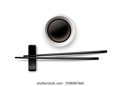 Sushi chopsticks and soy sauce in bowl. Chinese or Japanese cuisine elements for eating vector illustration. Black wooden pair of sticks and plate with soya on white background.