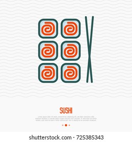 Sushi with chopsticks thin line icon for menu of restaurant or logo. Simple vector illustration of Japanese food.