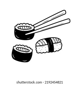 Sushi with chopsticks vector illustration with doodle drawing style isolated on white background