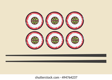 Sushi and chopsticks vector illustration. Traditional japanese food in restaurant