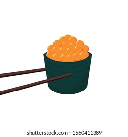 Sushi and chopsticks vector. Sushi on white background. Salmon egg vector.