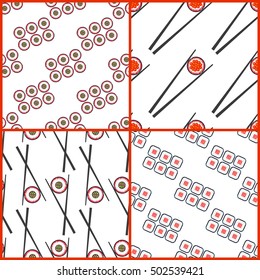 Sushi and chopsticks vector seamless patterns set. Collection of backgrounds for restaurants menu illustration