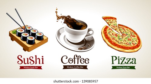 Sushi, coffee and pizza isolated on white. Vector illustration.