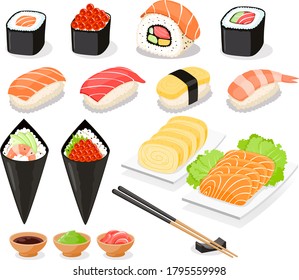 Sushi collection Asia food icons. Vector illustrations.