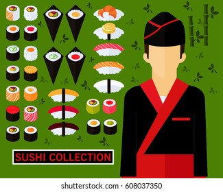 Sushi Collection concept background. Flat icons. 