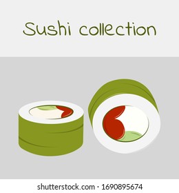 Sushi collection. Green rolls. Multicolored art without a stroke. Vector.