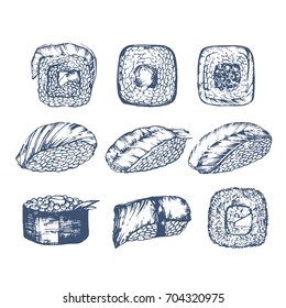 Sushi collection. Hand drawn set of seafood. Vintage emblems seafood for restaurant, cafe, sea shop.