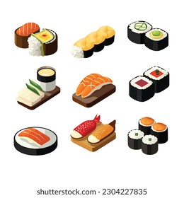 Sushi collection isometric isolated on white