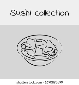Colección de sushi. Jengibre cocido. Dibujo de línea, icono. Vector.