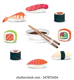 Sushi collection with soy sauce and chopsticks