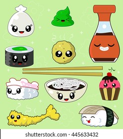 Sushi Collection with soy sauce, shrimp tempura, potatoes, noodles, chopsticks, anago, tako, kappa, wasabi. Japanese cuisine. Vector