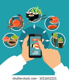 Sushi colored concept pushing your finger on the touch screen with round icons vector illustration