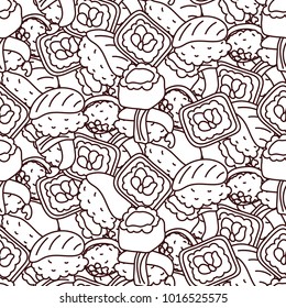 Sushi coloring page vector seamless pattern. Japan food rolls background.