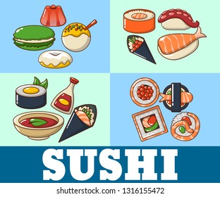 Sushi concept banner. Cartoon banner of sushi vector concept for web, giftcard and postcard