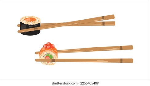 Sushi. Concept of snack, sushi, exotic nutrition, sushi restaurant, sea food. Vector illustration isolated on white background.	