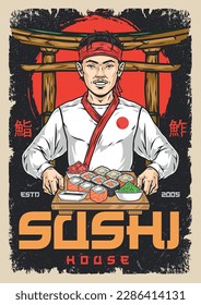 Sushi kochen Vintage-Plakat bunt mit Chef Mann zeigen vorgefertigte Maki-Rollen für Promo-Plakatbrett von Restaurant Vektorgrafik Vektorgrafik