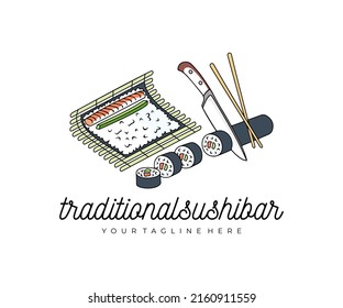 Sushi cooking, fish, avocado, rice and nori sheet on the mat, logo design. Cutting sushi rolls with knife and chopsticks, vector design and illustration