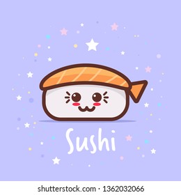 sushi cute cartoon comic character with smiling face happy emoji kawaii style traditional japanese food concept