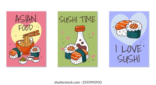 Sushi cute japanese food banner poster cards concept collection set. Vector graphic design illustration