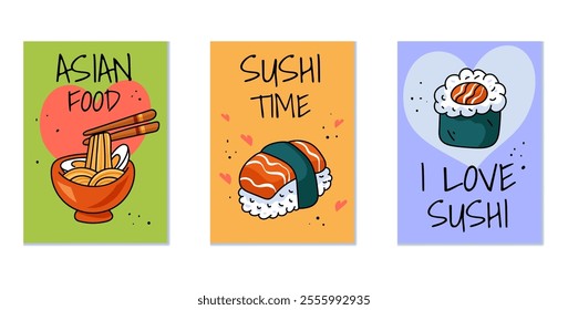 Sushi cute japanese food banner poster cards concept collection set. Vector graphic design illustration