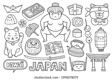 Sushi, Daruma Puppe, Origami, Maneki Neko, Sumo-Ringer und Manga. Berühmte japanische Symbole und Elemente. Reisen Sie nach Japan, Tokio. Rahmenvektorgrafik.