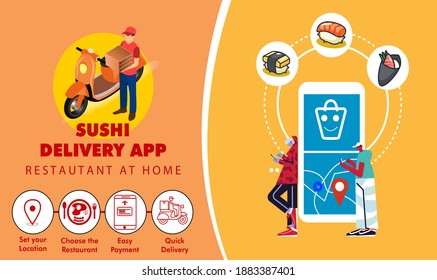 Sushi Delivery App Banner Template. A Pre Built Model For Sushi, Chinese And Japanese Restaurants Delivery Food Via Cell Phone.