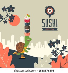 Sushi delivery banner, vector illustration. Japanese food menu with funny cartoon character turtle on roller skates. Family friendly restaurant of Asian cuisine, sushi bar advertisement booklet