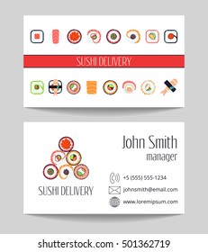 Sushi delivery business card both sides vector template. Design of asian food illustration