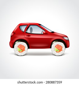 Sushi delivery car concept photo realistic vector illustration